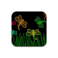 Neon Dragonflies Rubber Coaster (square)  by Valentinaart