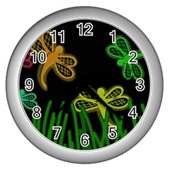 Neon Dragonflies Wall Clocks (silver)  by Valentinaart