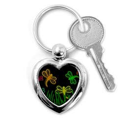 Neon Dragonflies Key Chains (heart)  by Valentinaart