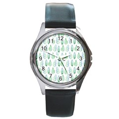 Green Watercolour Leaves Pattern Round Metal Watch