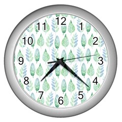 Green Watercolour Leaves Pattern Wall Clocks (Silver) 