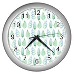 Green Watercolour Leaves Pattern Wall Clocks (Silver)  Front