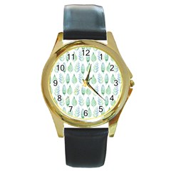 Green Watercolour Leaves Pattern Round Gold Metal Watch