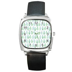 Green Watercolour Leaves Pattern Square Metal Watch