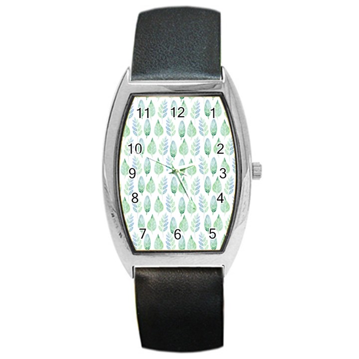 Green Watercolour Leaves Pattern Barrel Style Metal Watch