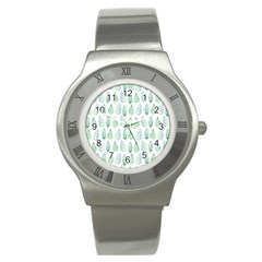 Green Watercolour Leaves Pattern Stainless Steel Watch