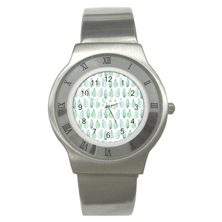 Green Watercolour Leaves Pattern Stainless Steel Watch