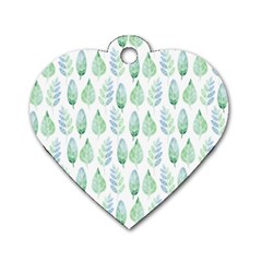 Green Watercolour Leaves Pattern Dog Tag Heart (Two Sides)