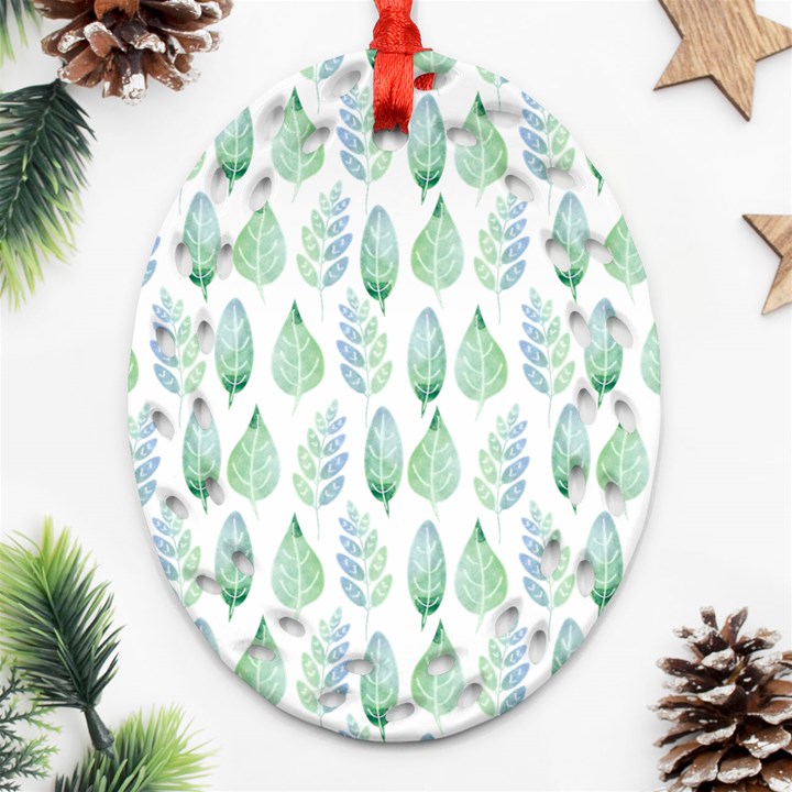 Green Watercolour Leaves Pattern Oval Filigree Ornament (2-Side) 