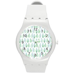 Green Watercolour Leaves Pattern Round Plastic Sport Watch (M)