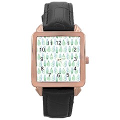 Green Watercolour Leaves Pattern Rose Gold Leather Watch 