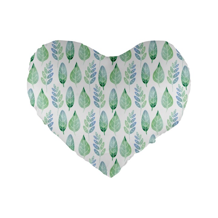 Green Watercolour Leaves Pattern Standard 16  Premium Flano Heart Shape Cushions