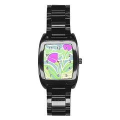 Purple Flowers Stainless Steel Barrel Watch by Valentinaart