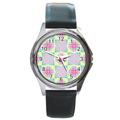 Pastel Block Tiles Pattern Round Metal Watch