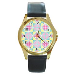 Pastel Block Tiles Pattern Round Gold Metal Watch