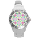 Pastel Block Tiles Pattern Round Plastic Sport Watch (L) Front