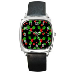 Christmas Berries Pattern  Square Metal Watch by Valentinaart