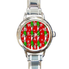 Christmas Tree Pattern - Red Round Italian Charm Watch by Valentinaart