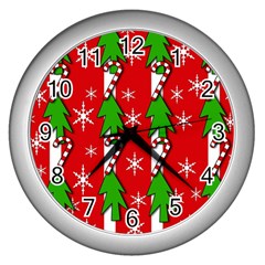 Christmas Tree Pattern - Red Wall Clocks (silver)  by Valentinaart