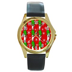 Christmas Tree Pattern - Red Round Gold Metal Watch by Valentinaart