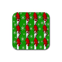 Christmas Pattern - Green Rubber Coaster (square)  by Valentinaart