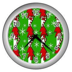 Christmas Pattern - Green Wall Clocks (silver)  by Valentinaart