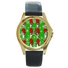 Christmas Pattern - Green Round Gold Metal Watch by Valentinaart