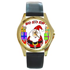 Santa Claus Pattern - Transparent Round Gold Metal Watch by Valentinaart