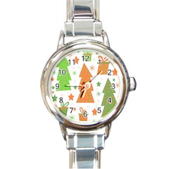 Christmas Design - Green And Orange Round Italian Charm Watch by Valentinaart