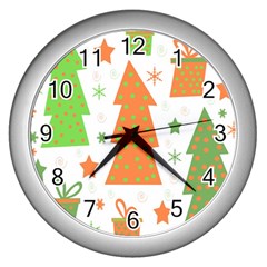 Christmas Design - Green And Orange Wall Clocks (silver)  by Valentinaart