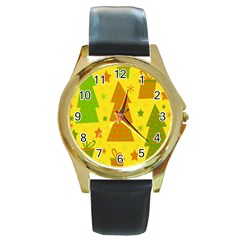 Christmas design - yellow Round Gold Metal Watch