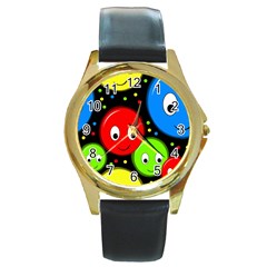 Smiley Faces Pattern Round Gold Metal Watch by Valentinaart