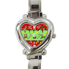 Christmas Pattern - Green And Red Heart Italian Charm Watch by Valentinaart