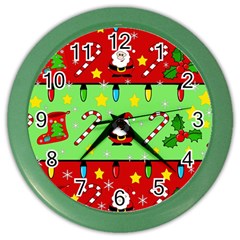 Christmas Pattern - Green And Red Color Wall Clocks by Valentinaart