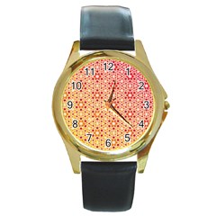 Orange Ombre Mosaic Pattern Round Gold Metal Watch