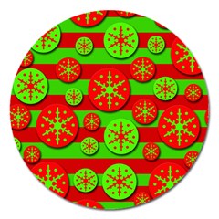 Snowflake Red And Green Pattern Magnet 5  (round) by Valentinaart