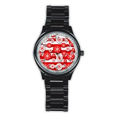 Snowflake Red And White Pattern Stainless Steel Round Watch by Valentinaart