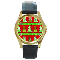 Christmas Trees Pattern Round Gold Metal Watch