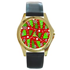 Twisted Christmas Trees Round Gold Metal Watch