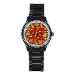 Christmas trees and gifts pattern Stainless Steel Round Watch