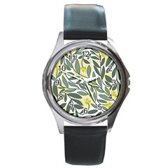 Green Floral Pattern Round Metal Watch by Valentinaart