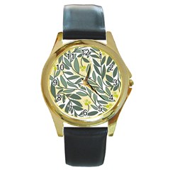 Green Floral Pattern Round Gold Metal Watch by Valentinaart