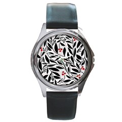 Red, Black And White Elegant Pattern Round Metal Watch by Valentinaart