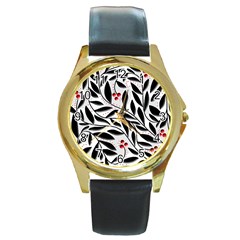 Red, Black And White Elegant Pattern Round Gold Metal Watch by Valentinaart