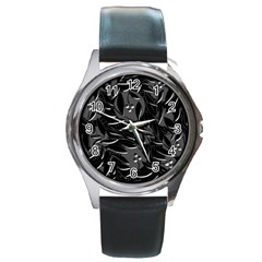 Black Floral Design Round Metal Watch by Valentinaart