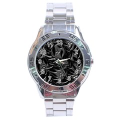 Black Floral Design Stainless Steel Analogue Watch by Valentinaart