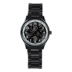 Black Floral Design Stainless Steel Round Watch by Valentinaart