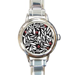 Black, Red, And White Floral Pattern Round Italian Charm Watch by Valentinaart