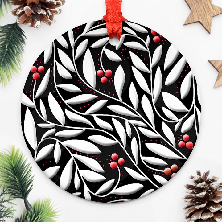 Black, red, and white floral pattern Ornament (Round) 