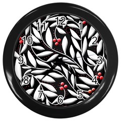 Black, Red, And White Floral Pattern Wall Clocks (black) by Valentinaart